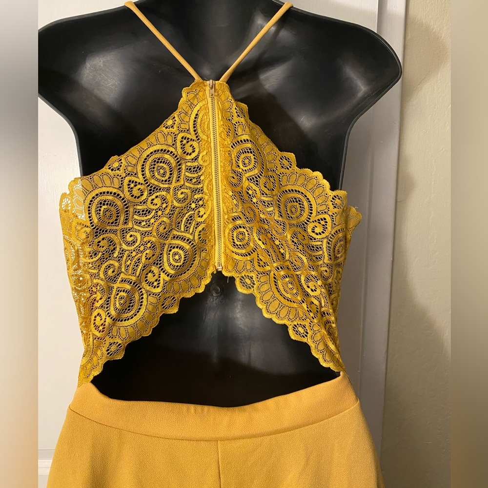 Yellow lace back skater dress